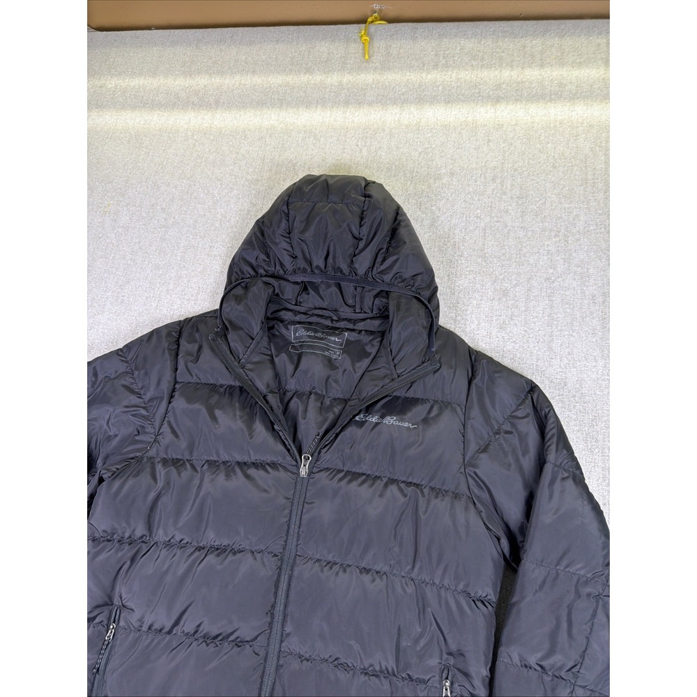 Eddie Bauer Puffer Jacket Men M Black Down Hooded Insulated Lightweight EB650